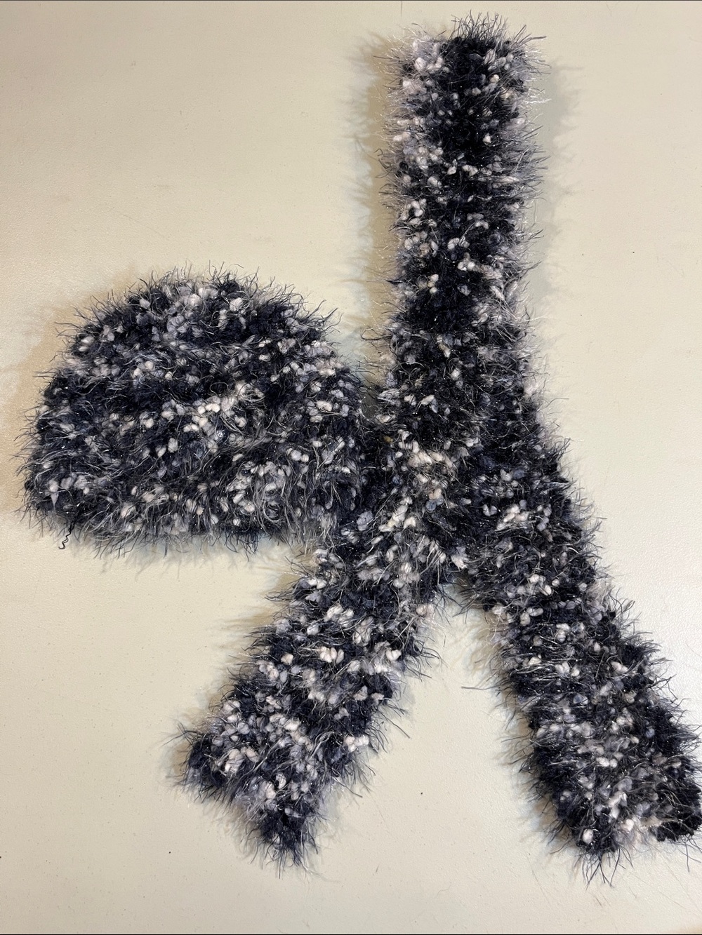 Fuzzy Black & White Pom Knit Hat and Scarf Set